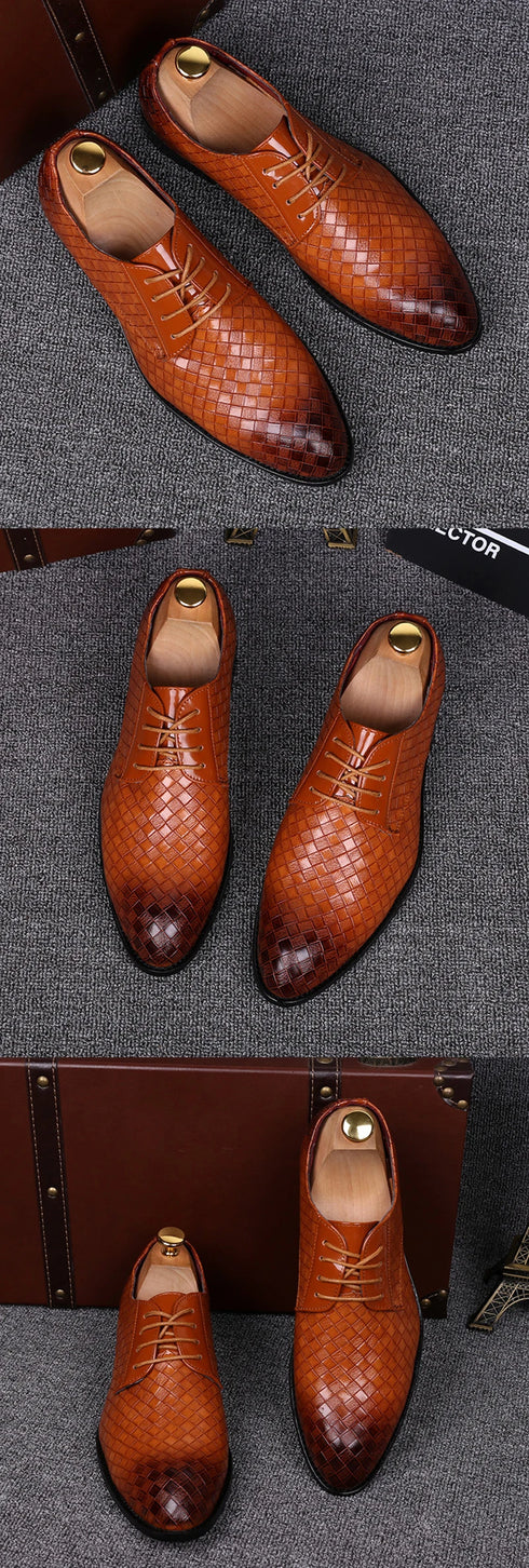 Elegant Plaid Pointed Toe Lace-Up Men's Leather Oxfords - Stylish Casual Business Dress Shoes for Formal Occasions